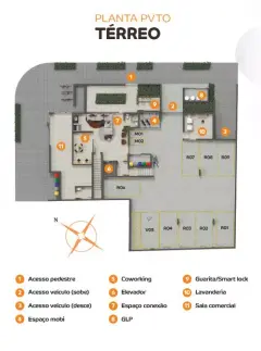 Planta baixa do pavimento térreo com acesso pedestre, coworking, elevador, espaço mobi, lavanderia e sala comercial — VYU One em Coqueiros, Florianópolis