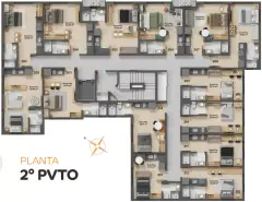 Planta baixa do 2º pavimento com 14 studios de áreas entre 21 e 29 m² e numeração das unidades — VYU One em Coqueiros, Florianópolis