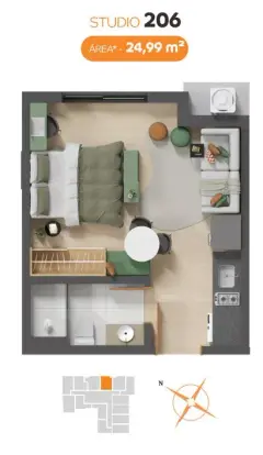 Planta baixa do studio 206 com área de 24,99 m² e indicação de posição no pavimento — VYU One em Coqueiros, Florianópolis