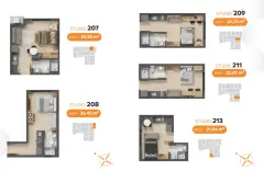 Plantas baixas dos studios 207, 208, 209, 211 e 213 com áreas entre 21 e 25 m² — VYU One em Coqueiros, Florianópolis