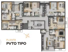 Planta baixa do pavimento tipo com 6 tipologias de apartamentos de 28 a 68 m² — VYU One em Coqueiros, Florianópolis