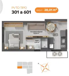 Planta baixa da tipologia 301 a 601 com 28,01 m², dormitório/social, cozinha e BWC — VYU One em Coqueiros, Florianópolis