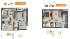 Plantas baixas das tipologias 302-602 com 55,12 m² e 303-703 com 41,00 m² — VYU One em Coqueiros, Florianópolis