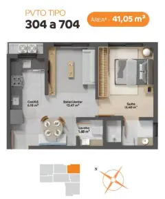 Planta baixa da tipologia 304-704 com 41,05 m², suíte, estar/jantar, cozinha e lavabo — VYU One em Coqueiros, Florianópolis