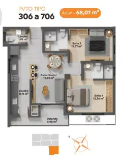 Planta baixa da tipologia 306-706 com 68,07 m², 2 suítes, estar/jantar, cozinha e varanda de 5,48 m² — VYU One em Coqueiros, Florianópolis