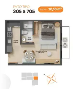 Planta baixa da tipologia 305-705 com 30,10 m², dormitório/social, cozinha e BWC — VYU One em Coqueiros, Florianópolis