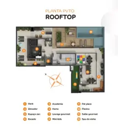 Planta baixa do rooftop com deck, academia, horta, espaço zen, lounge gourmet, mini kids, pet place, piscina, salão gourmet e spa do vinho — VYU One em Coqueiros, Florianópolis