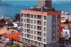 Perspectiva aérea da fachada do edifício VYU One com vista para a Baía Sul e o centro de Florianópolis — VYU One em Coqueiros, Florianópolis