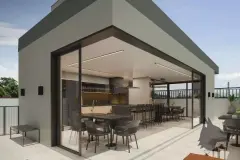 Salão gourmet no rooftop com porta de vidro de correr, cozinha equipada, mesa de jantar e balcão bar — VYU One em Coqueiros, Florianópolis