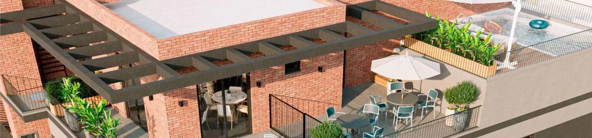Rooftop com pergolado de tijolos, mesas com cadeiras, guarda-sol e piscina ao fundo — VYU Pulse em Coqueiros, Florianópolis