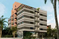 Fachada frontal do edifício VYU Pulse ao entardecer com iluminação nas varandas — VYU Pulse em Coqueiros, Florianópolis