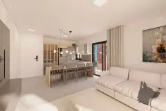 Sala de estar com sofá branco, mesa de jantar e cozinha americana integrada com varanda — VYU Pulse em Coqueiros, Florianópolis
