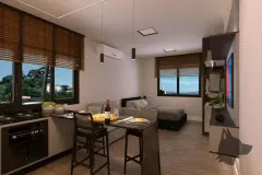 Studio com cozinha escura, mesa alta com bancos, sofá e cama ao fundo, janelas com persianas — VYU Pulse em Coqueiros, Florianópolis