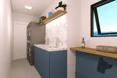 Área de serviço com bancada dupla azul, parede de mármore, prateleira de madeira e lavadora empilhável — VYU Pulse em Coqueiros, Florianópolis
