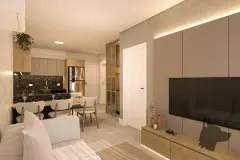 Sala de estar com sofá bege, cozinha com parede de pedra escura, mesa de jantar e TV — VYU Pulse em Coqueiros, Florianópolis