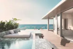 Terraço de cobertura com piscina privativa, daybed e vista panorâmica para o oceano azul — Yuná Blue View em Campeche, Florianópolis