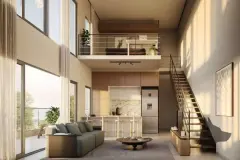 Interior de loft duplex com living, cozinha integrada em mármore e mezanino com escada — Yunic Haus Studios em Canasvieiras, Florianópolis