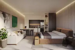 Studio integrado com sala, cama de casal e cozinha americana em parede texturizada terracota — Yunic Haus Studios em Canasvieiras, Florianópolis