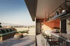 Área gourmet do rooftop com sofá esverdeado, bancada bar com bancos e vista para a cidade — Yunic Haus Studios em Canasvieiras, Florianópolis