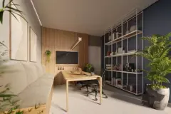 Espaço coworking com mesa em madeira, estante metálica e parede em madeira com TV — Yunic Haus Studios em Canasvieiras, Florianópolis
