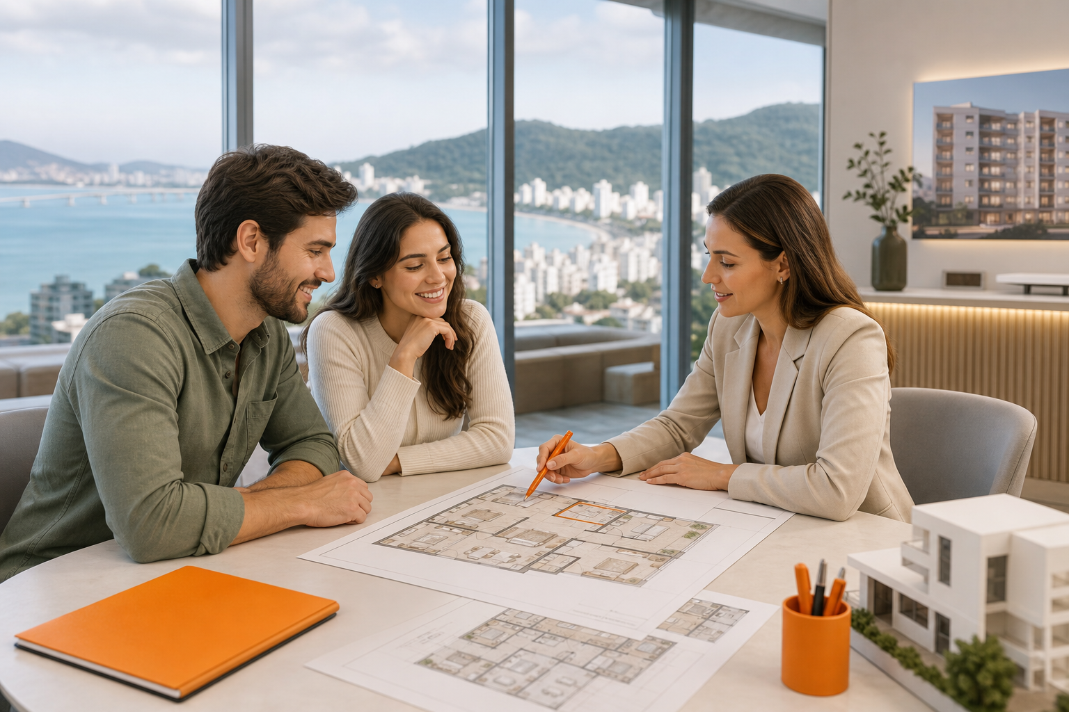 Casal analisando plantas do D/Season Residence Club com consultor imobiliário antes da compra