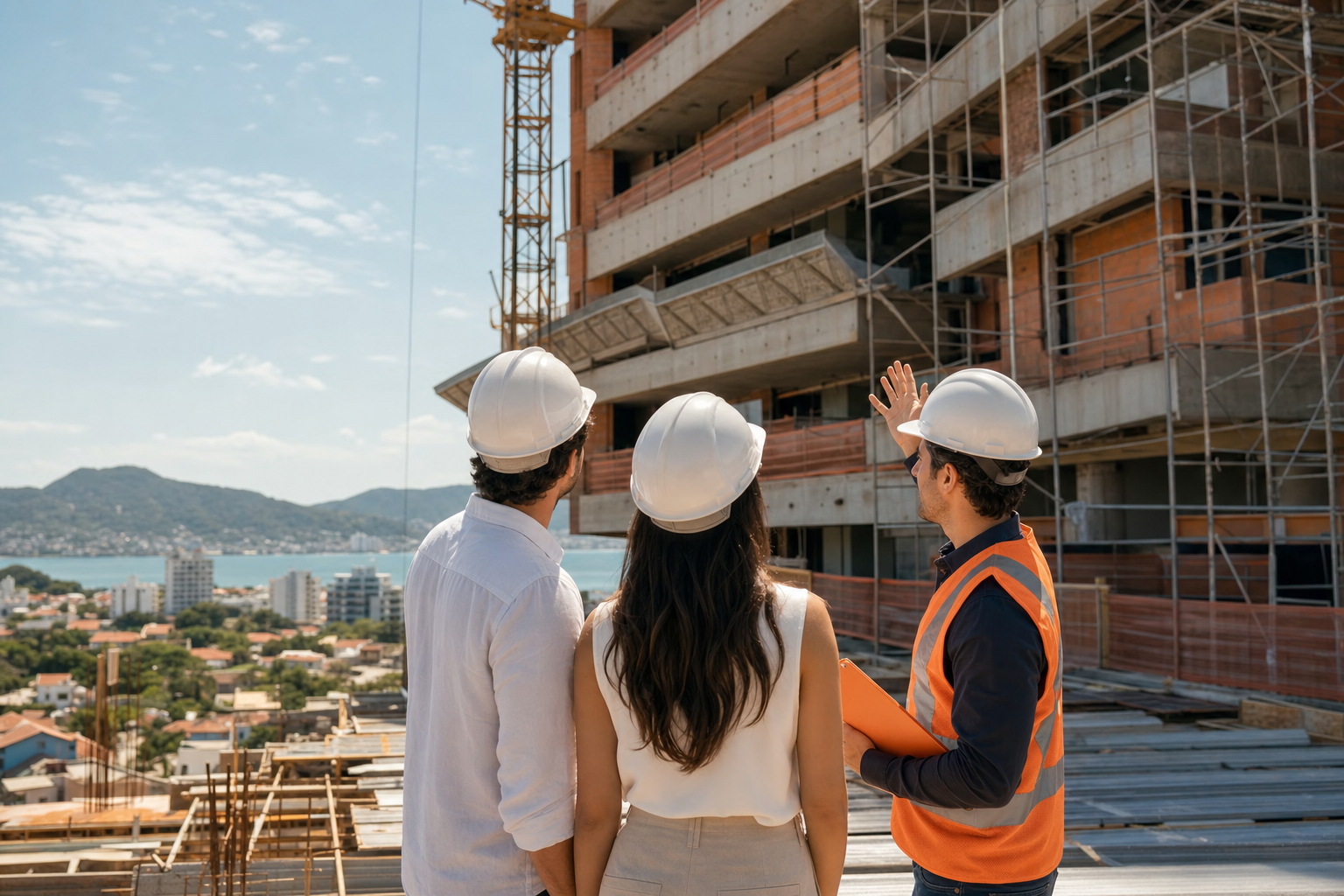 Casal com capacete acompanhando a construção do D/Season Residence Club em João Paulo